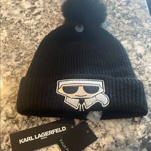 Karl Lagerfeld Black Knit Beanie with Pom-